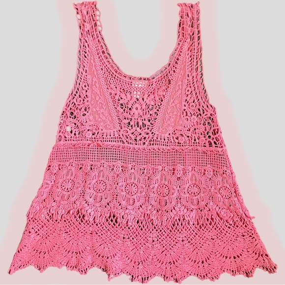 Noelle Tops - Pink Crochet Tank Small Medium Noelle Coral Lace Vacation Top